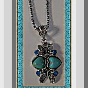 Tibetan Silver & Turquoise Butterfly / Heart Design Necklace With Blue Crystals